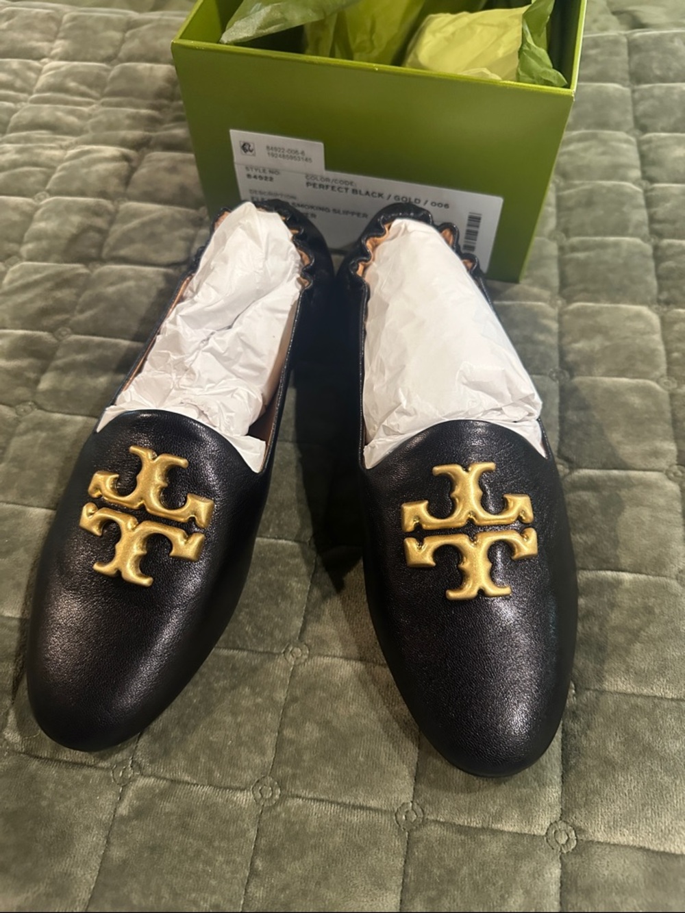 Tory Burch Black Leather Slip-On Loafers with Gold Logo
